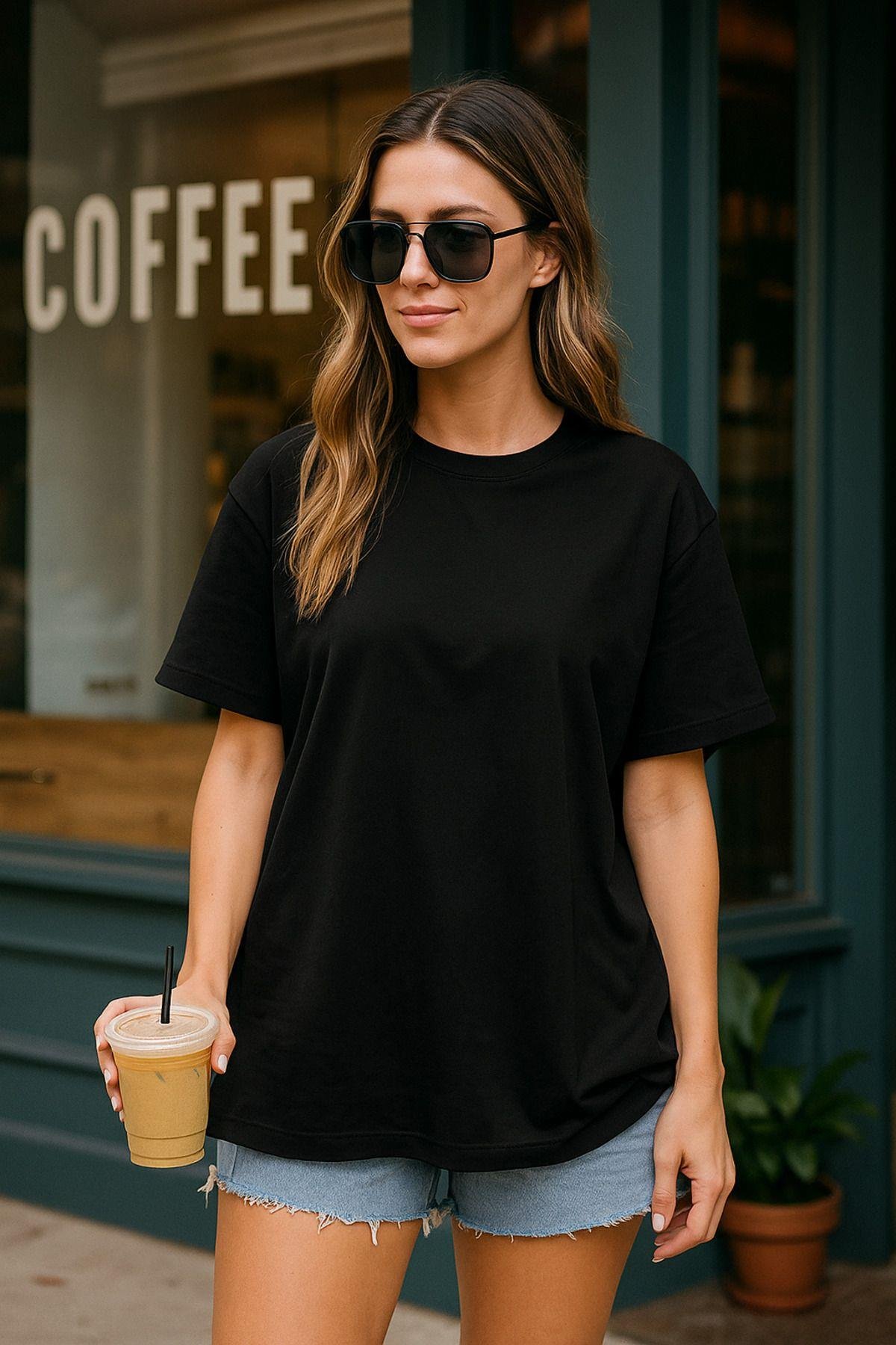 Kadın Siyah %100 Pamuk Oversize Basic Tişört – Rahat Kalıp Relaxed Bisiklet Yaka T-Shirt