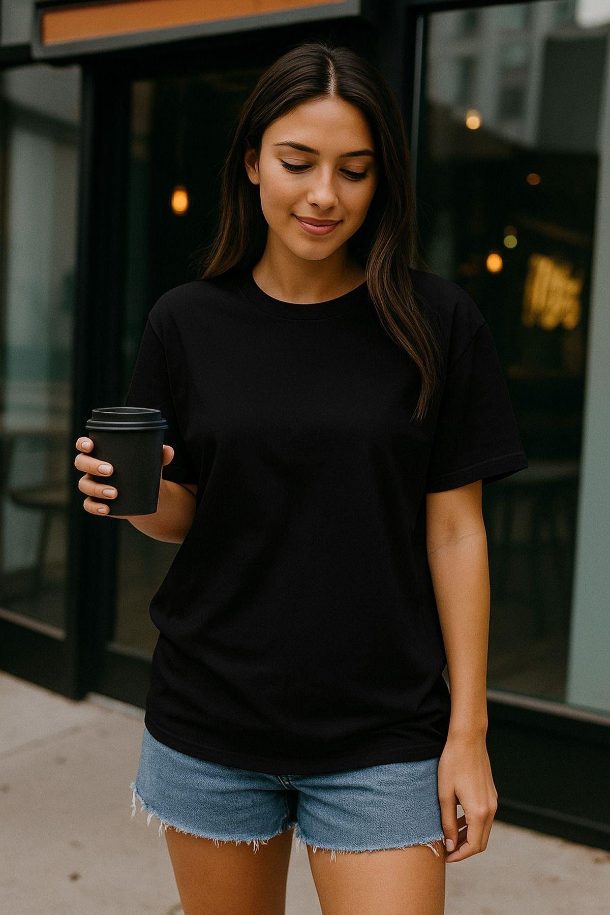 Kadın Siyah %100 Pamuk Oversize Basic Tişört – Rahat Kalıp Relaxed Bisiklet Yaka T-Shirt