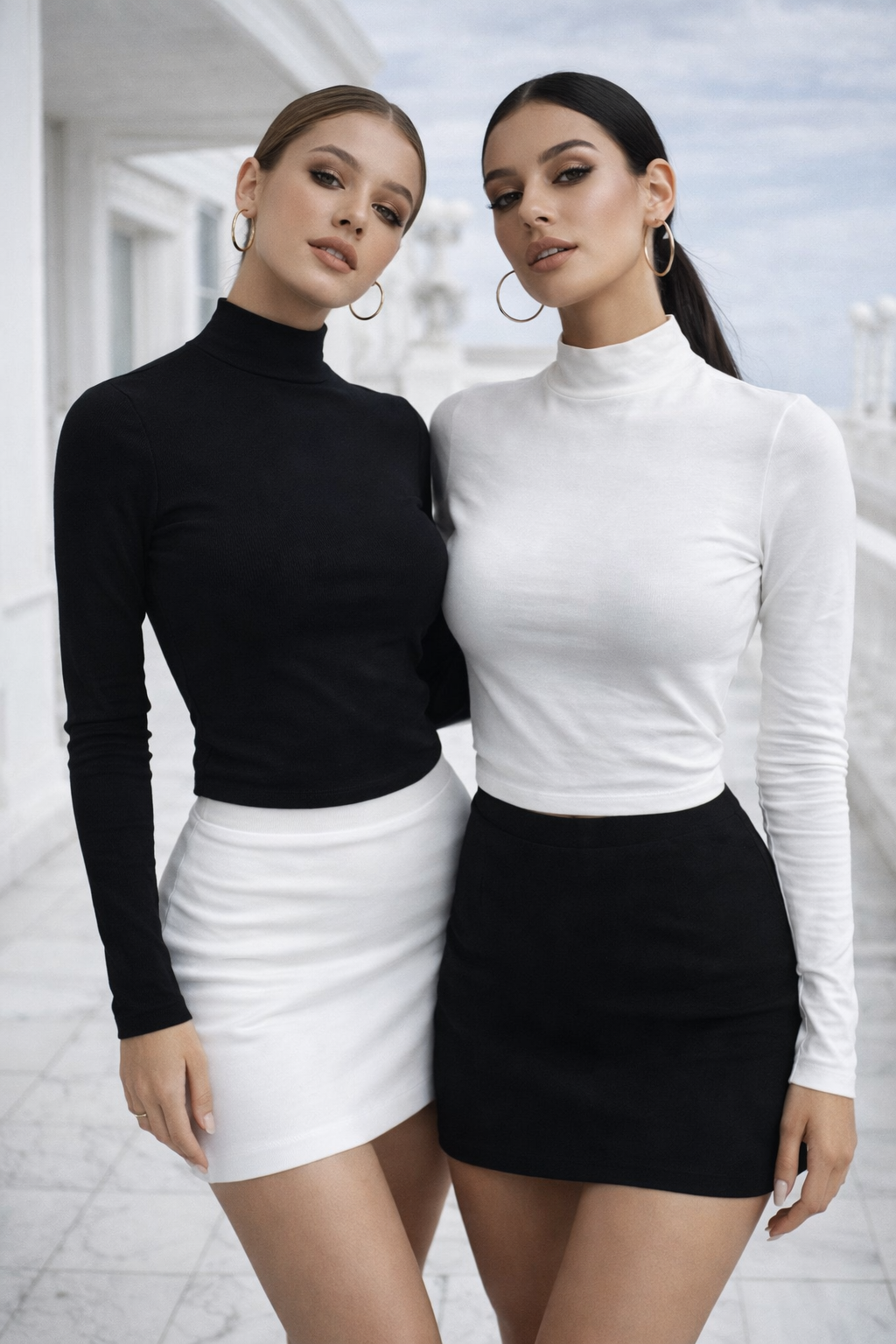Kadın Siyah Beyaz 2'li Paket Yarım Balıkçı Yaka Uzun Kollu Crop Bluz