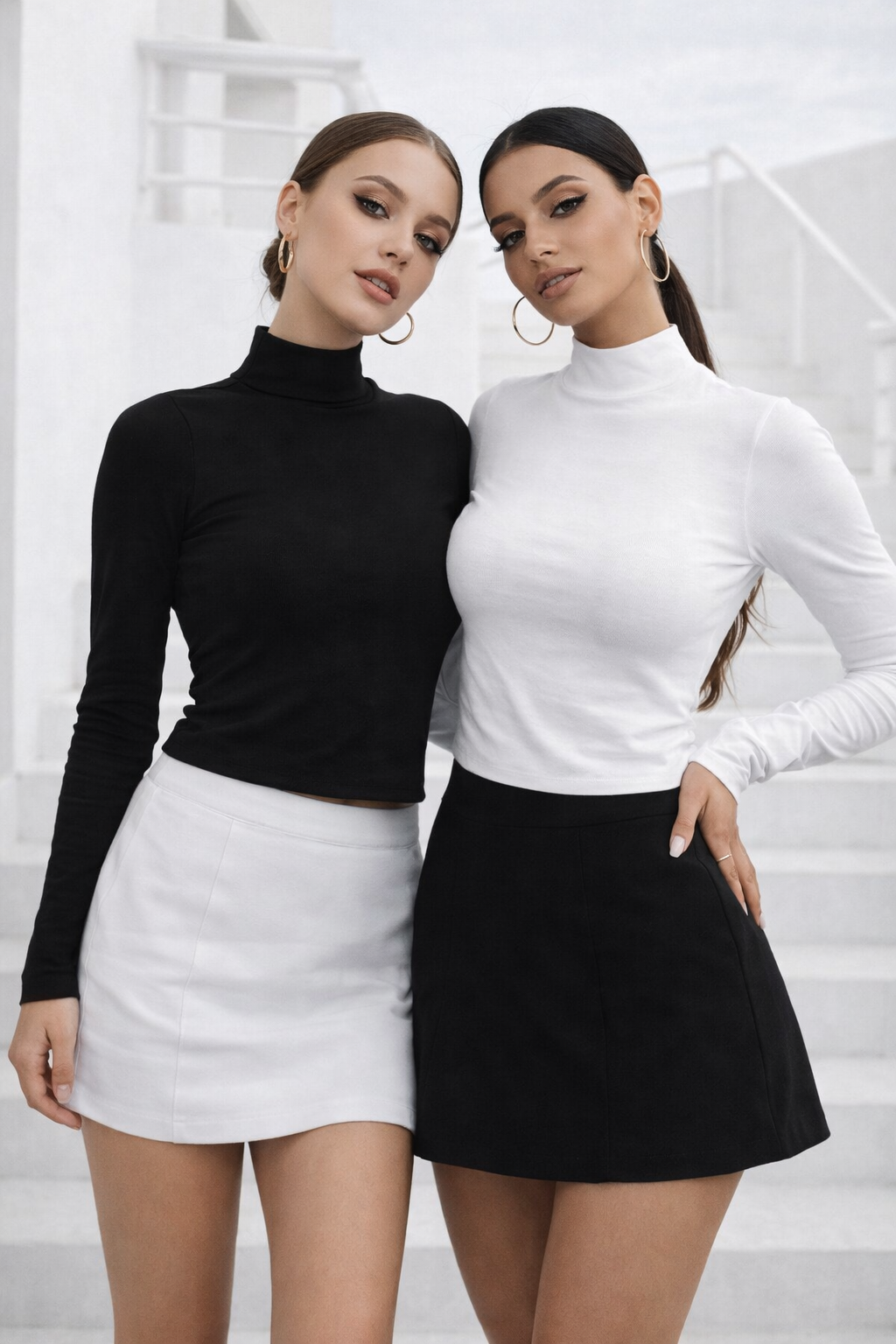 Kadın Siyah Beyaz 2'li Paket Yarım Balıkçı Yaka Uzun Kollu Crop Bluz