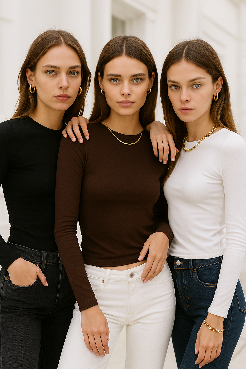 Kadın Siyah-Beyaz-Kahverengi 3'lü Paket Bisiklet Yaka Esnek Kumaşlı Vücuda Oturan Slim Fit Uzun Kollu Crop Body