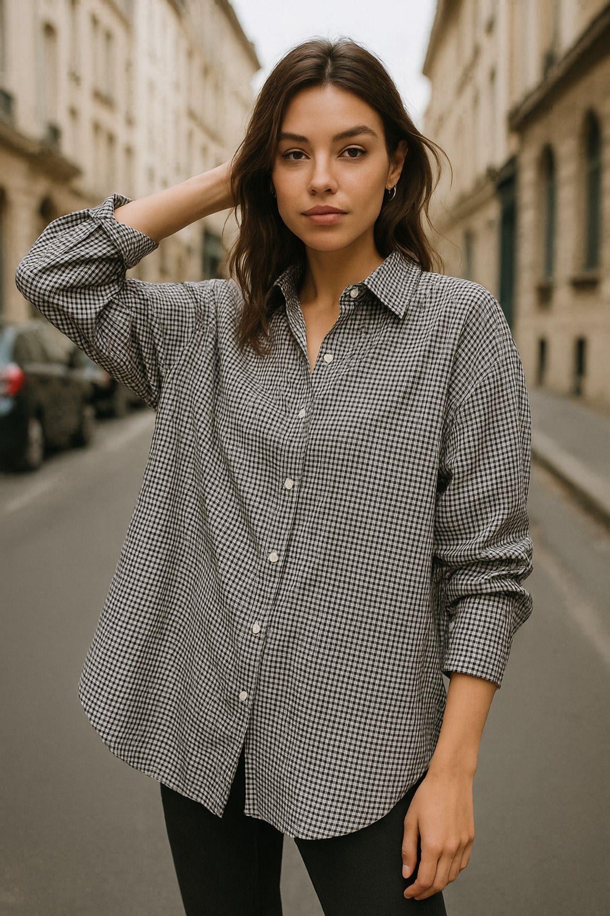 Kadın Siyah Beyaz Kareli Oversize Gömlek Relaxed Over Fit Ekoseli Gömlek