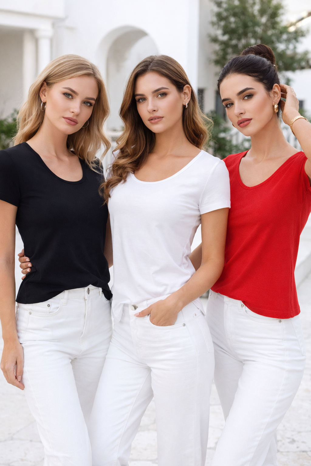 Kadın Siyah-Beyaz-Kırmızı 3'lü Paket %100 Pamuk Kısa Kollu Tişört