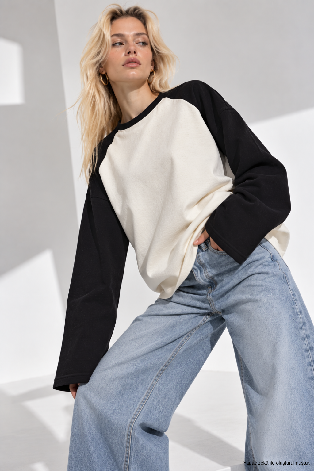 Kadın Siyah Beyaz Reglan Kol Pamuklu Oversize Sweatshirt