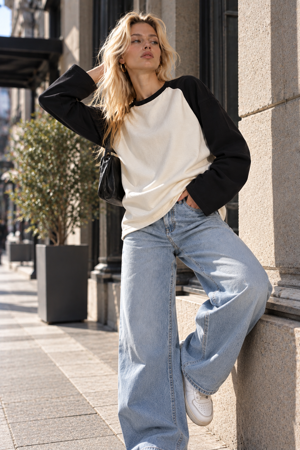 Kadın Siyah Beyaz Reglan Kol Pamuklu Oversize Sweatshirt