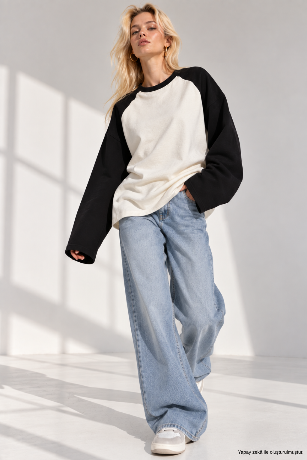 Kadın Siyah Beyaz Reglan Kol Pamuklu Oversize Sweatshirt