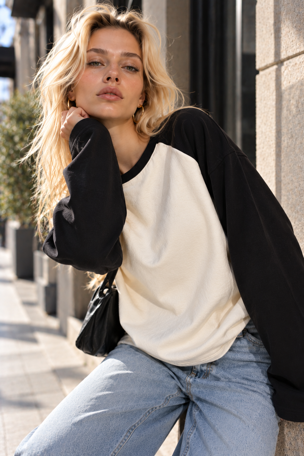 Kadın Siyah Beyaz Reglan Kol Pamuklu Oversize Sweatshirt