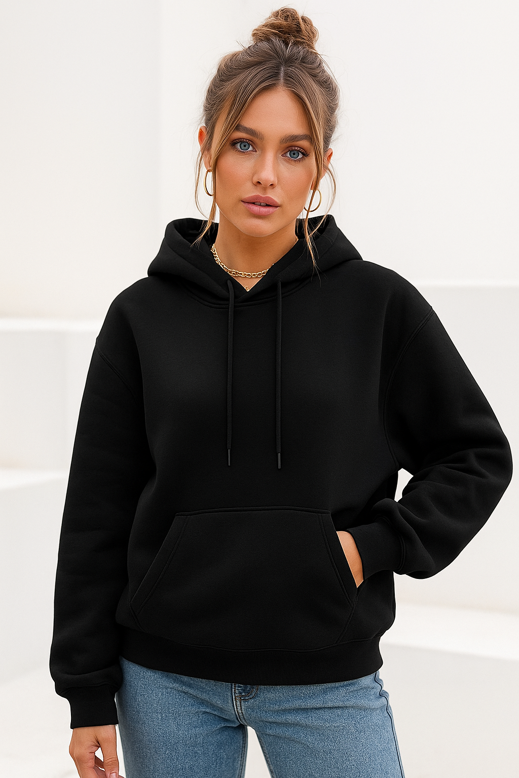 Kadın Siyah Kanguru Cepli Kapüşonlu Scuba Sweatshirt