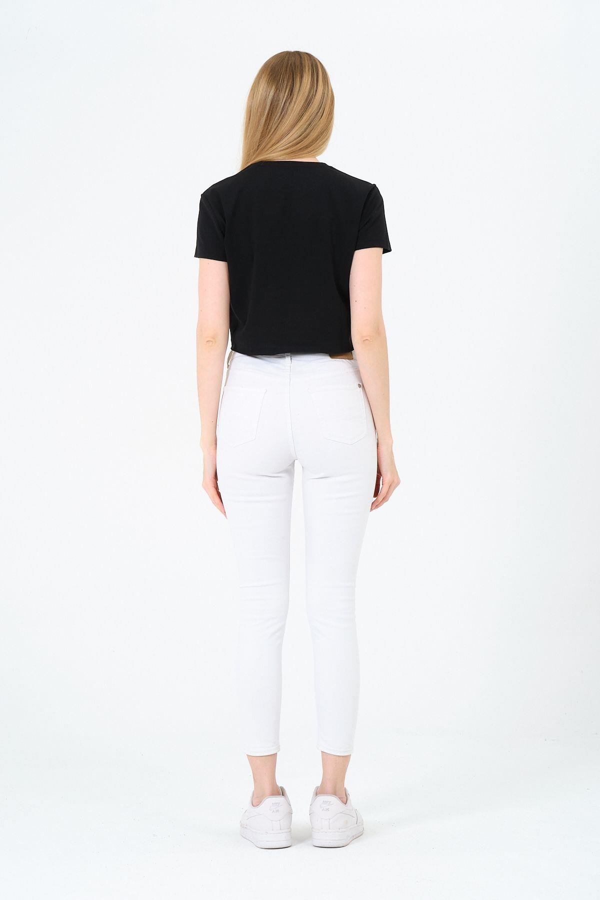 Kadın Siyah Kısa Kollu Oversize Crop - Pamuklu Basic Rahat Kesim T-shirt