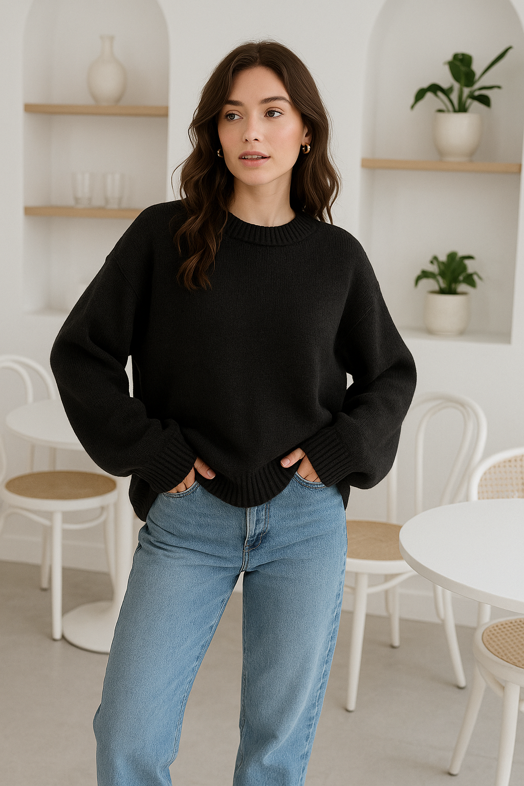 Kadın Siyah Oversize Bisiklet Yaka Triko