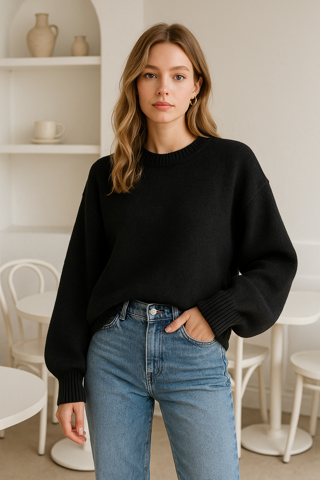 Kadın Siyah Oversize Bisiklet Yaka Triko