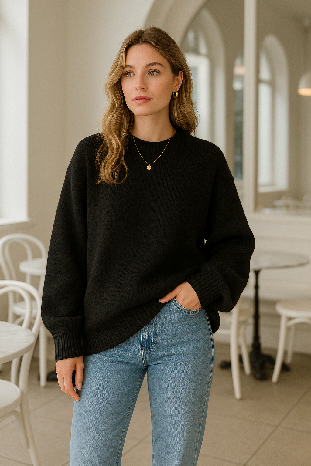 Kadın Siyah Oversize Bisiklet Yaka Triko