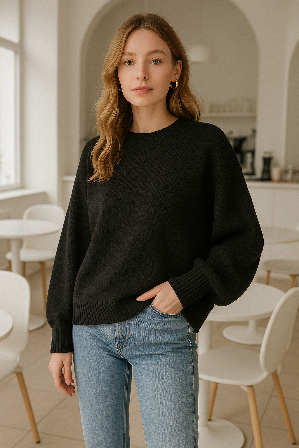 Kadın Siyah Oversize Bisiklet Yaka Triko