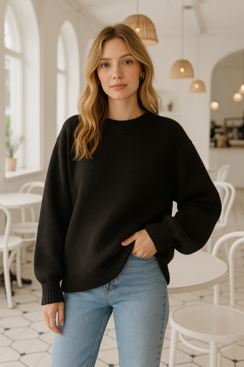 Kadın Siyah Oversize Bisiklet Yaka Triko