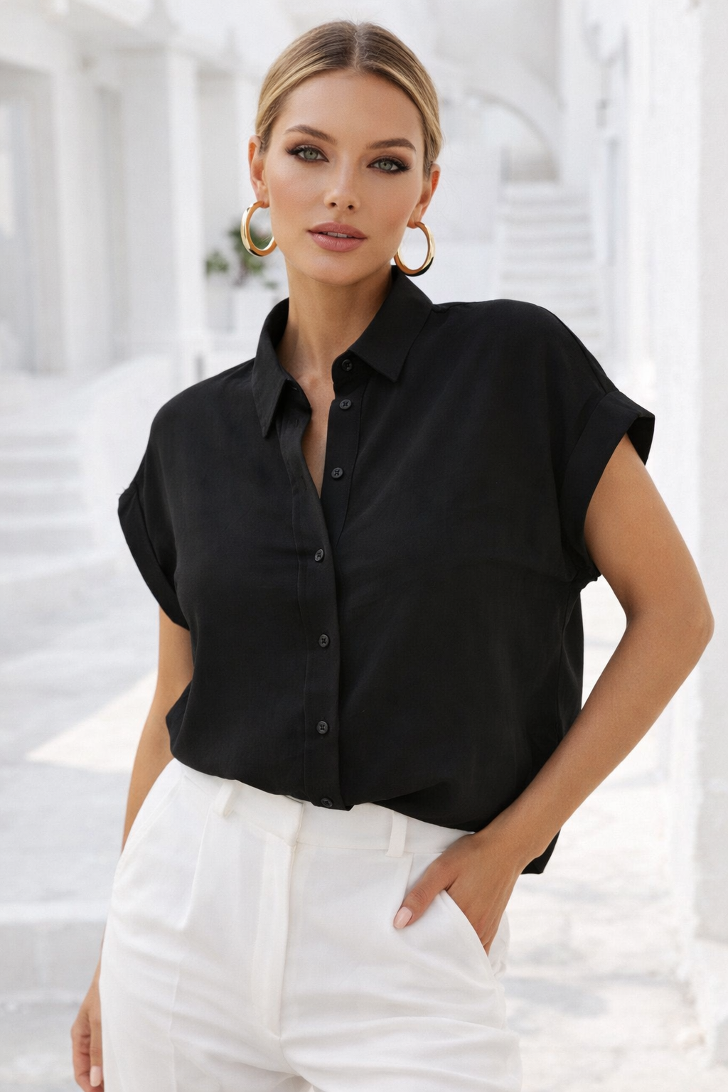 Kadın Siyah Oversize Kısa Kollu Gömlek