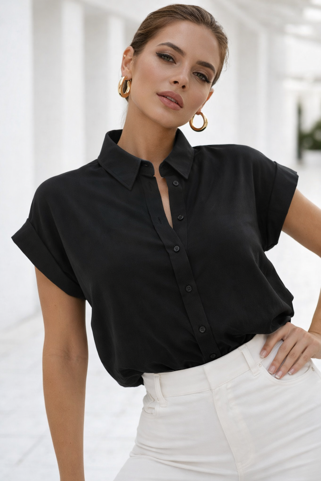 Kadın Siyah Oversize Kısa Kollu Gömlek