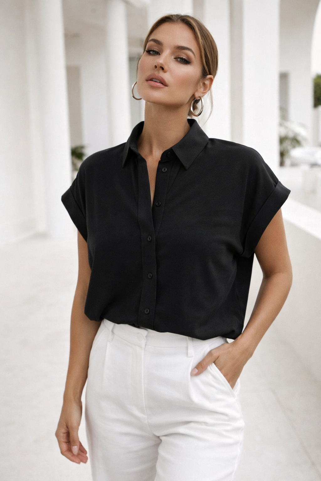 Kadın Siyah Oversize Kısa Kollu Gömlek