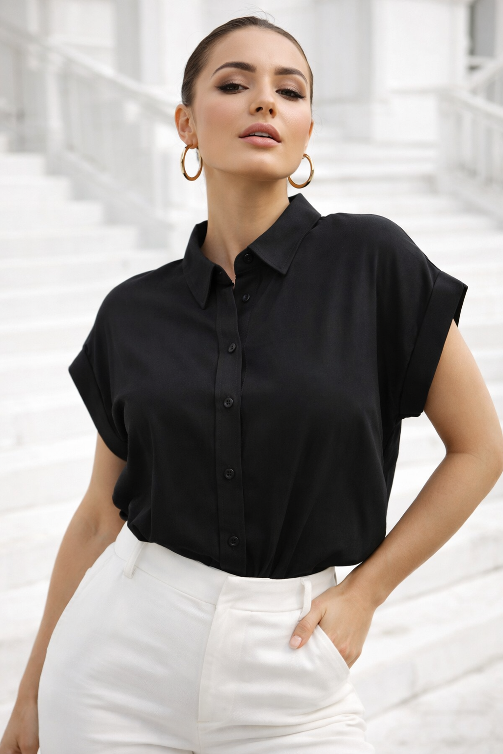 Kadın Siyah Oversize Kısa Kollu Gömlek
