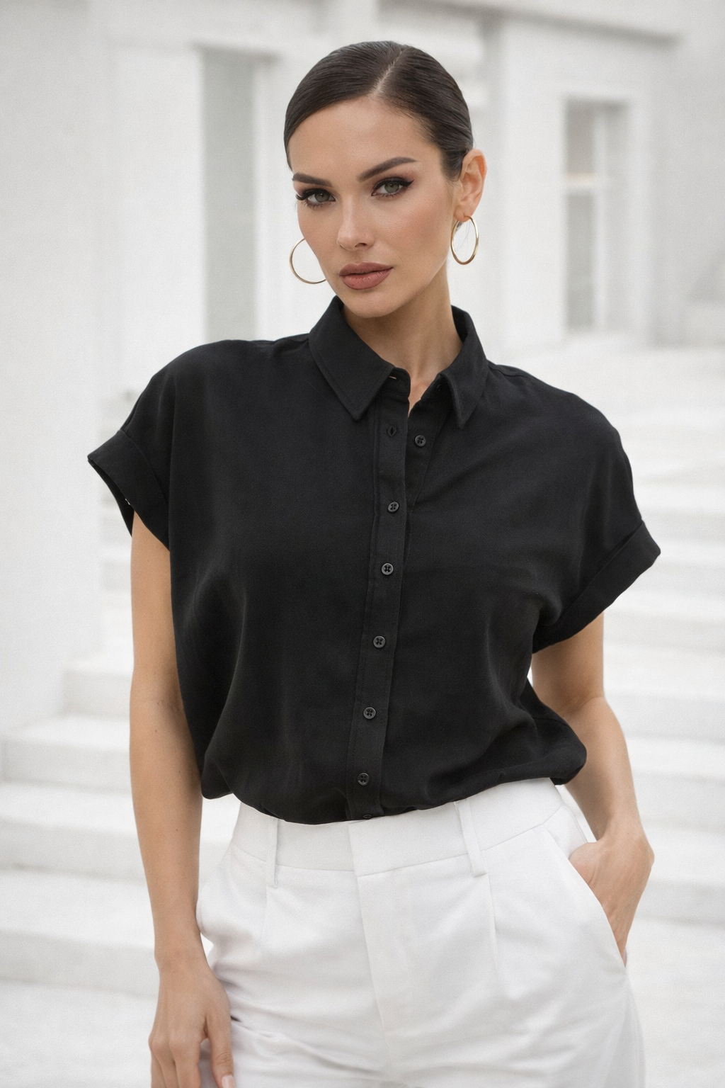 Kadın Siyah Oversize Kısa Kollu Gömlek