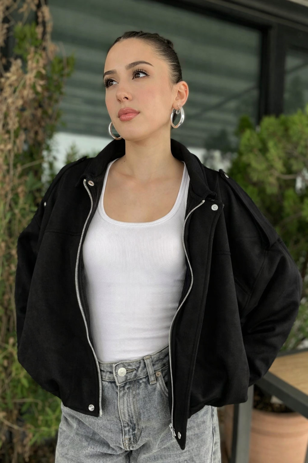 Kadın Siyah Oversize Süet Bomber Ceket