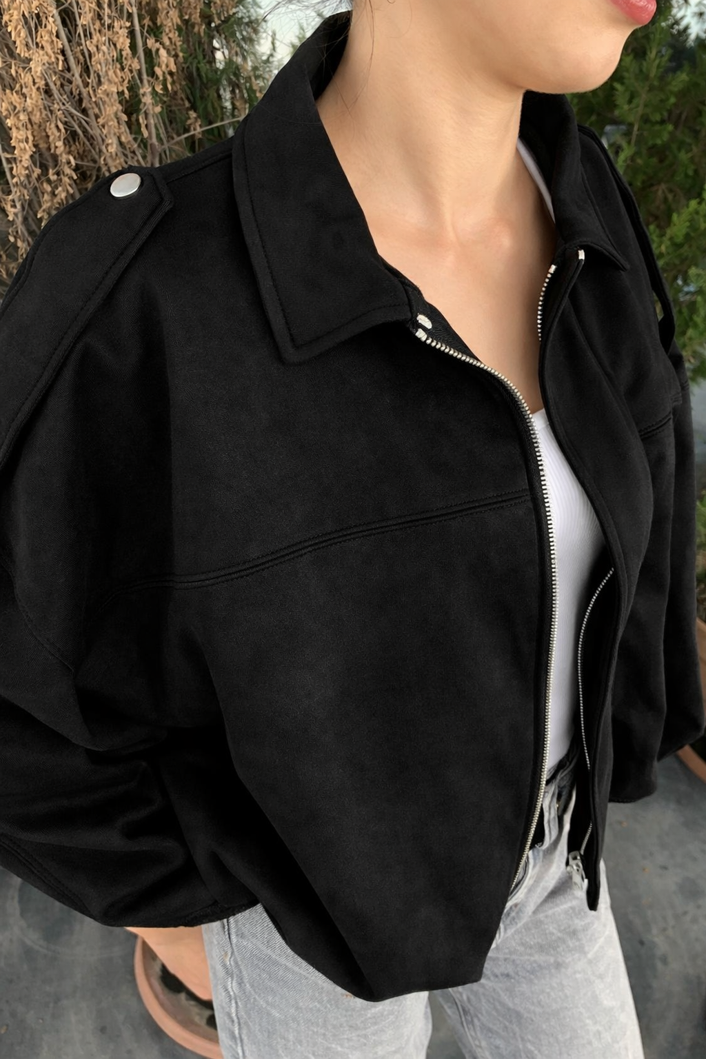 Kadın Siyah Oversize Süet Bomber Ceket
