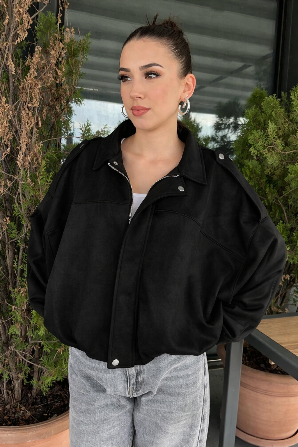 Kadın Siyah Oversize Süet Bomber Ceket
