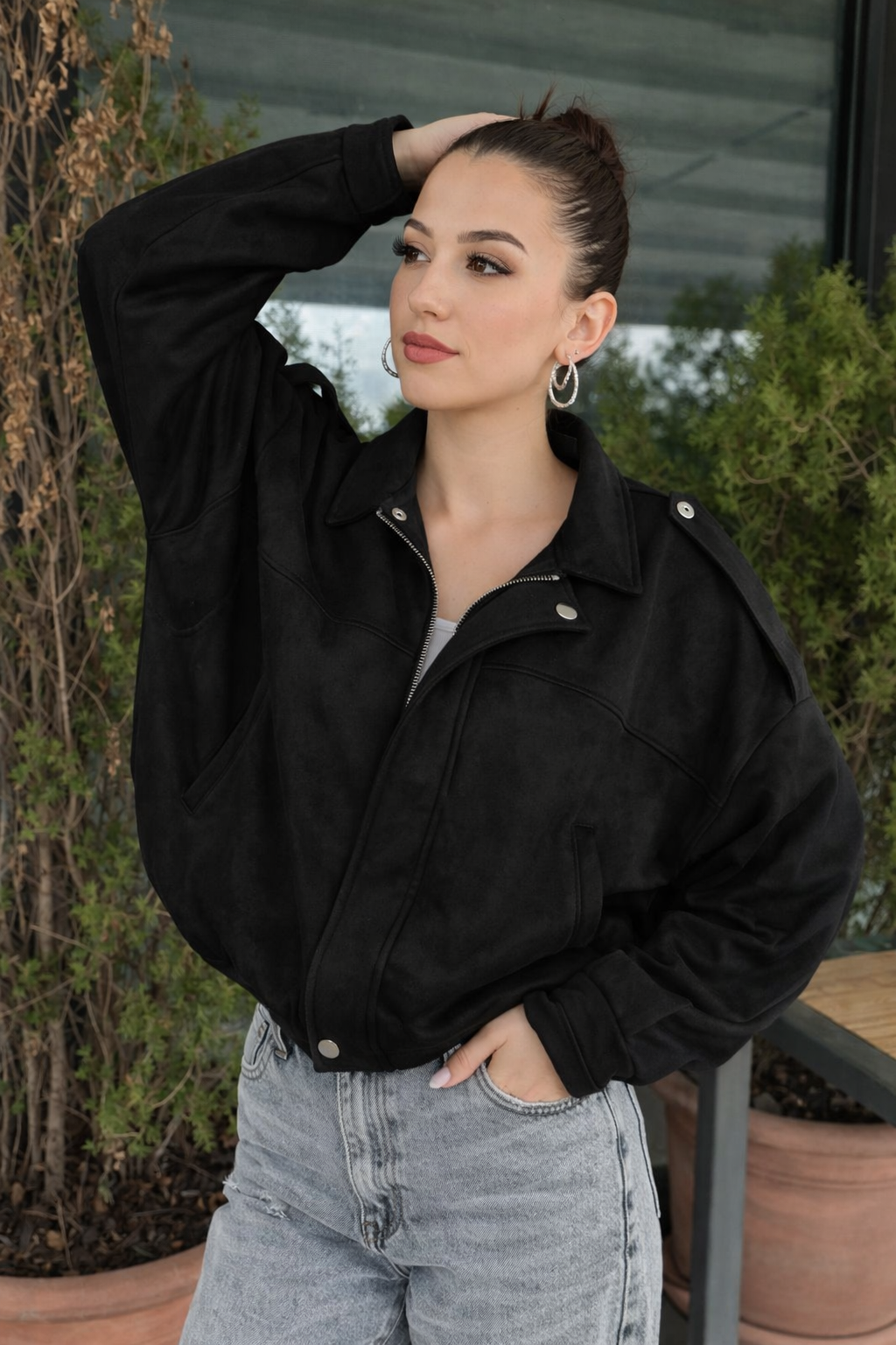 Kadın Siyah Oversize Süet Bomber Ceket
