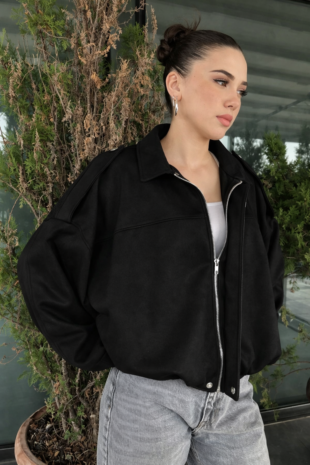 Kadın Siyah Oversize Süet Bomber Ceket