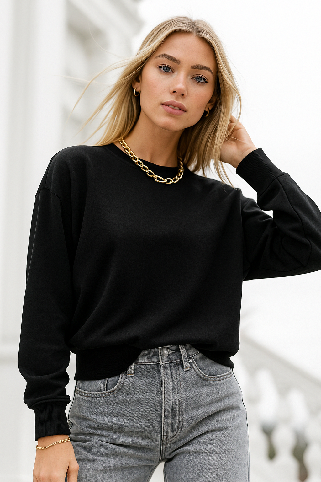 Kadın Siyah Pamuklu İnterlock Oversize Sweatshirt