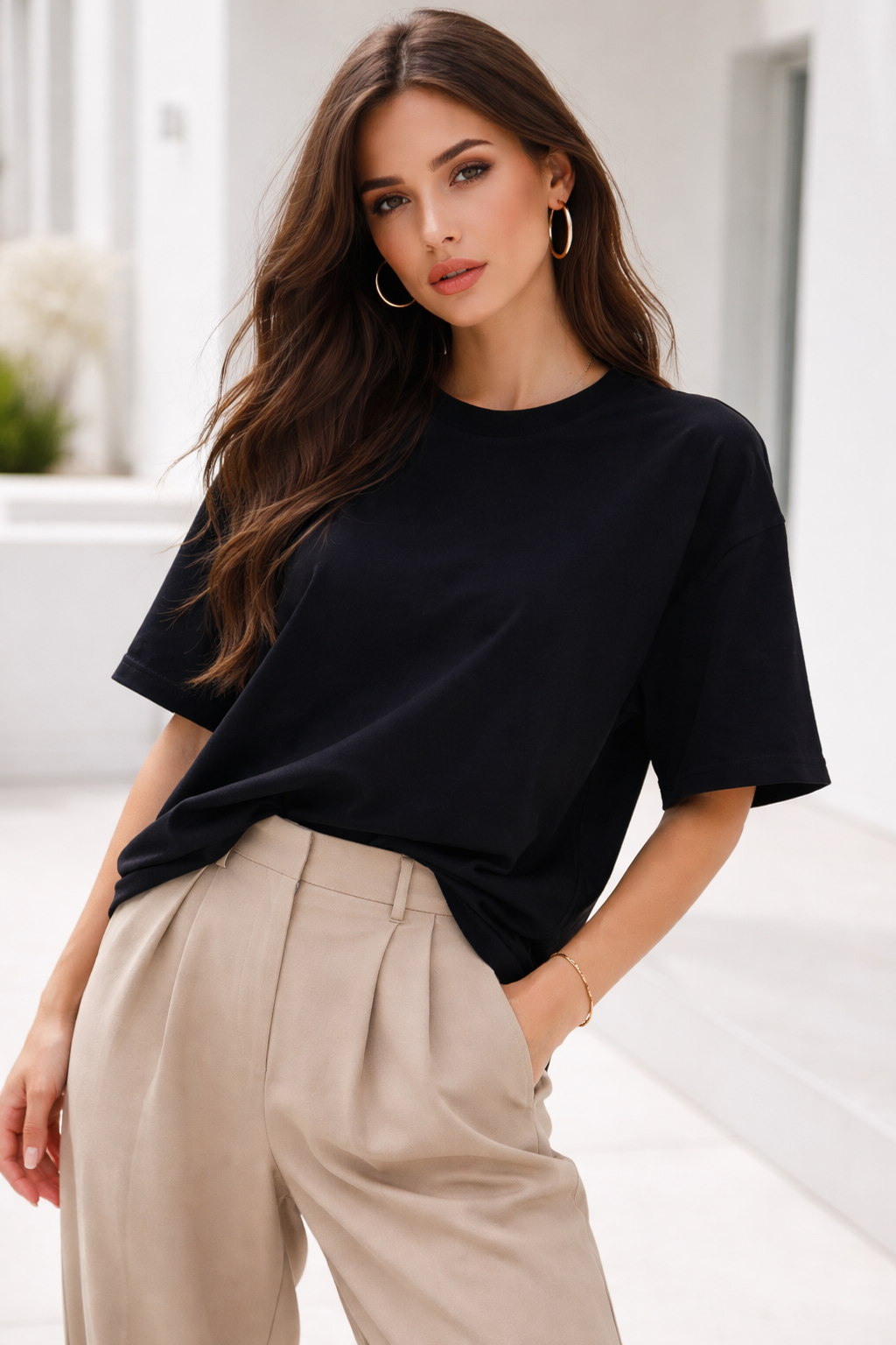 Kadın Siyah Premium Modal Kumaş Oversize T-Shirt