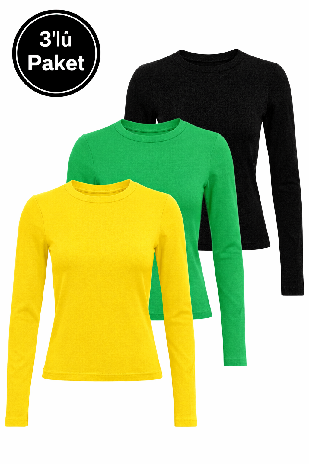 Kadın Siyah-Sarı-Yeşil 3'lü Paket Bisiklet Yaka Esnek Kumaşlı Vücuda Oturan Slim Fit Uzun Kollu Crop Body