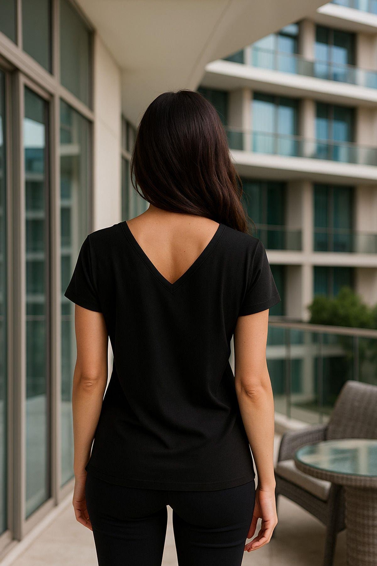 Kadın Siyah Viskon Ön Arka V Yakalı T-shirt Yarasa Kol Relaxed Bluz
