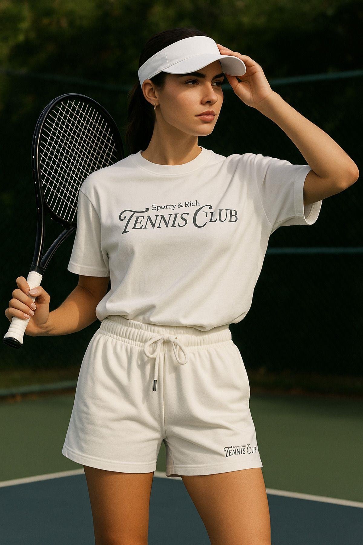 Kadın Sporty Kısa Kollu Bisiklet Yaka Oversize T-shirt ve Şortlu Alt Üst Takım Tenis İkili Takım