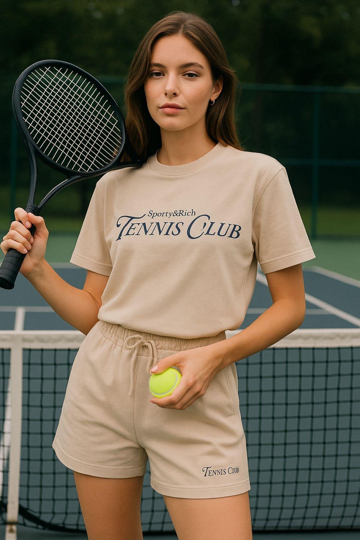 Kadın Sporty Kısa Kollu Bisiklet Yaka Oversize T-shirt ve Şortlu Alt Üst Takım Tenis İkili Takım