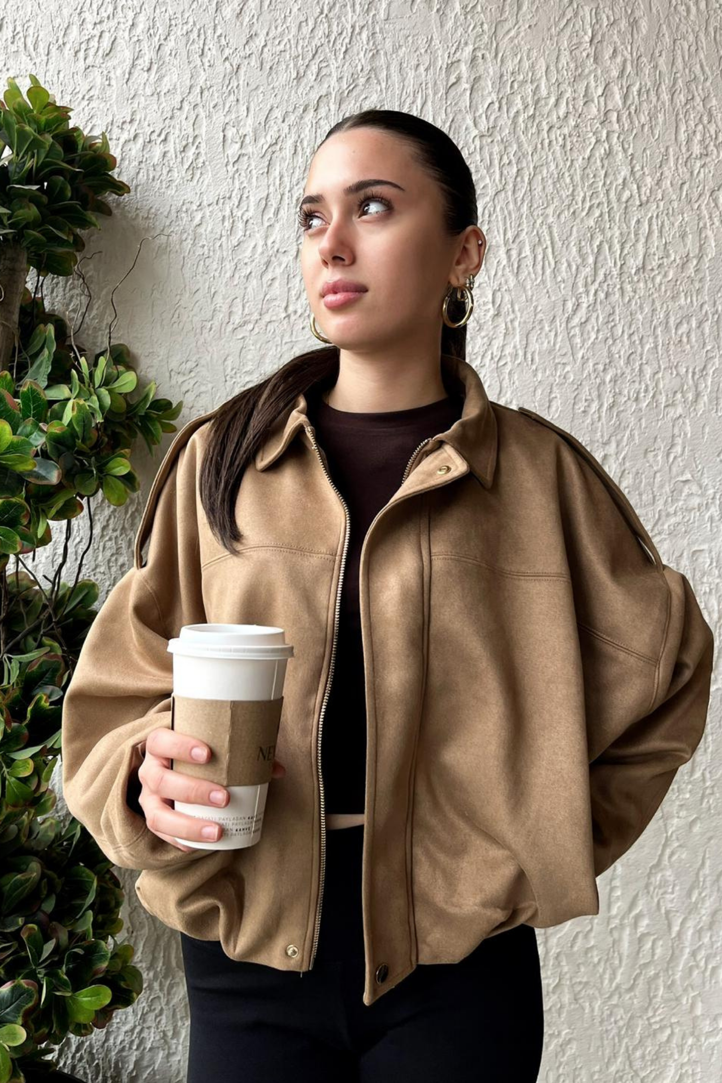 Kadın Sütlü Kahve Oversize Süet Bomber Ceket