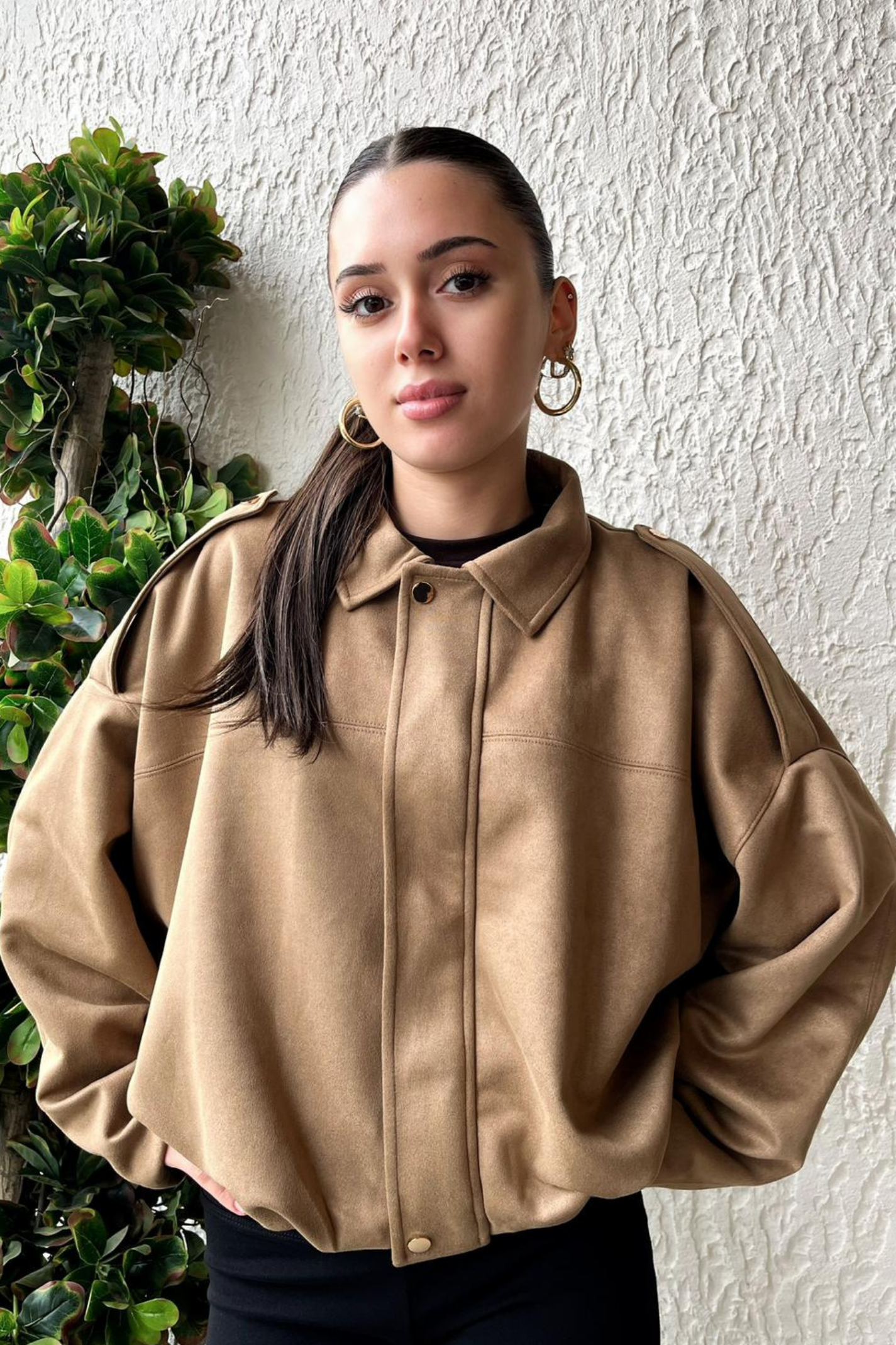Kadın Sütlü Kahve Oversize Süet Bomber Ceket
