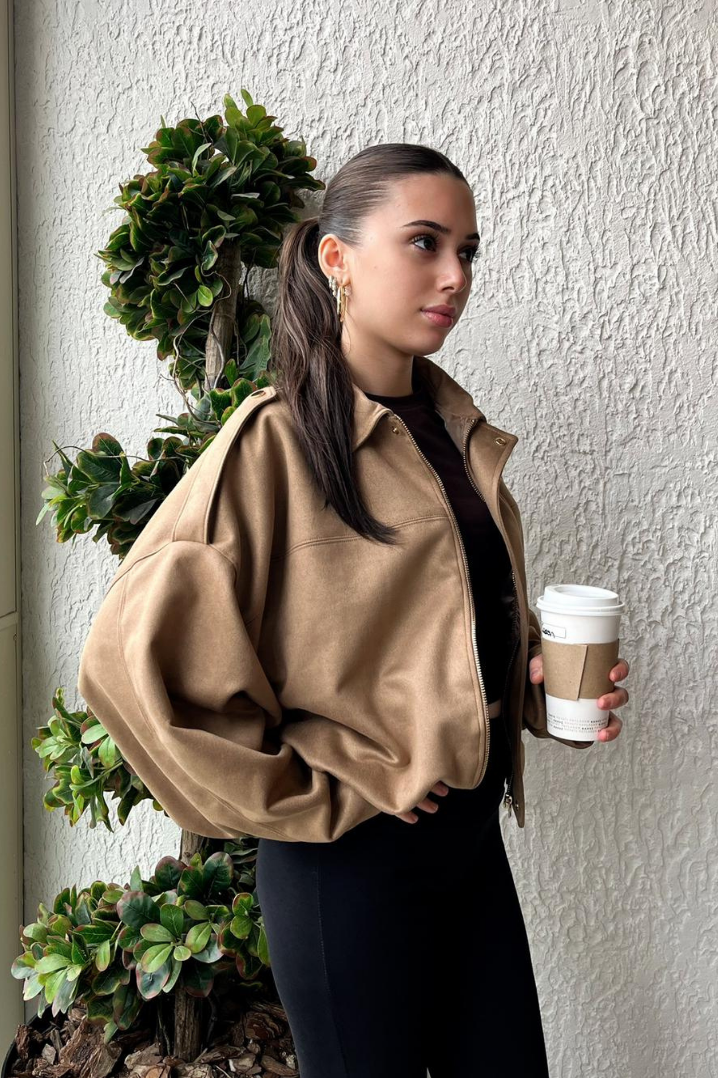 Kadın Sütlü Kahve Oversize Süet Bomber Ceket
