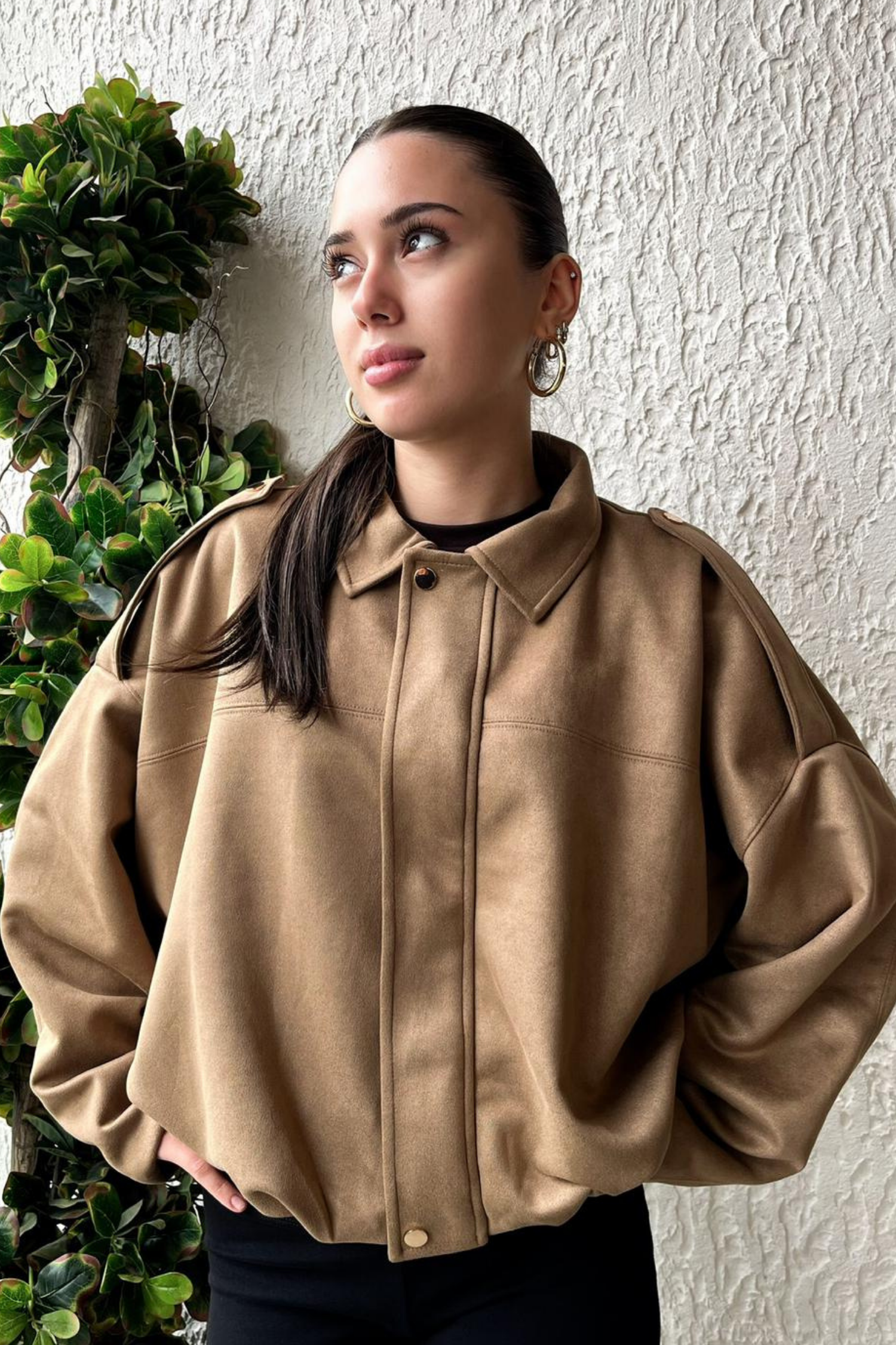 Kadın Sütlü Kahve Oversize Süet Bomber Ceket
