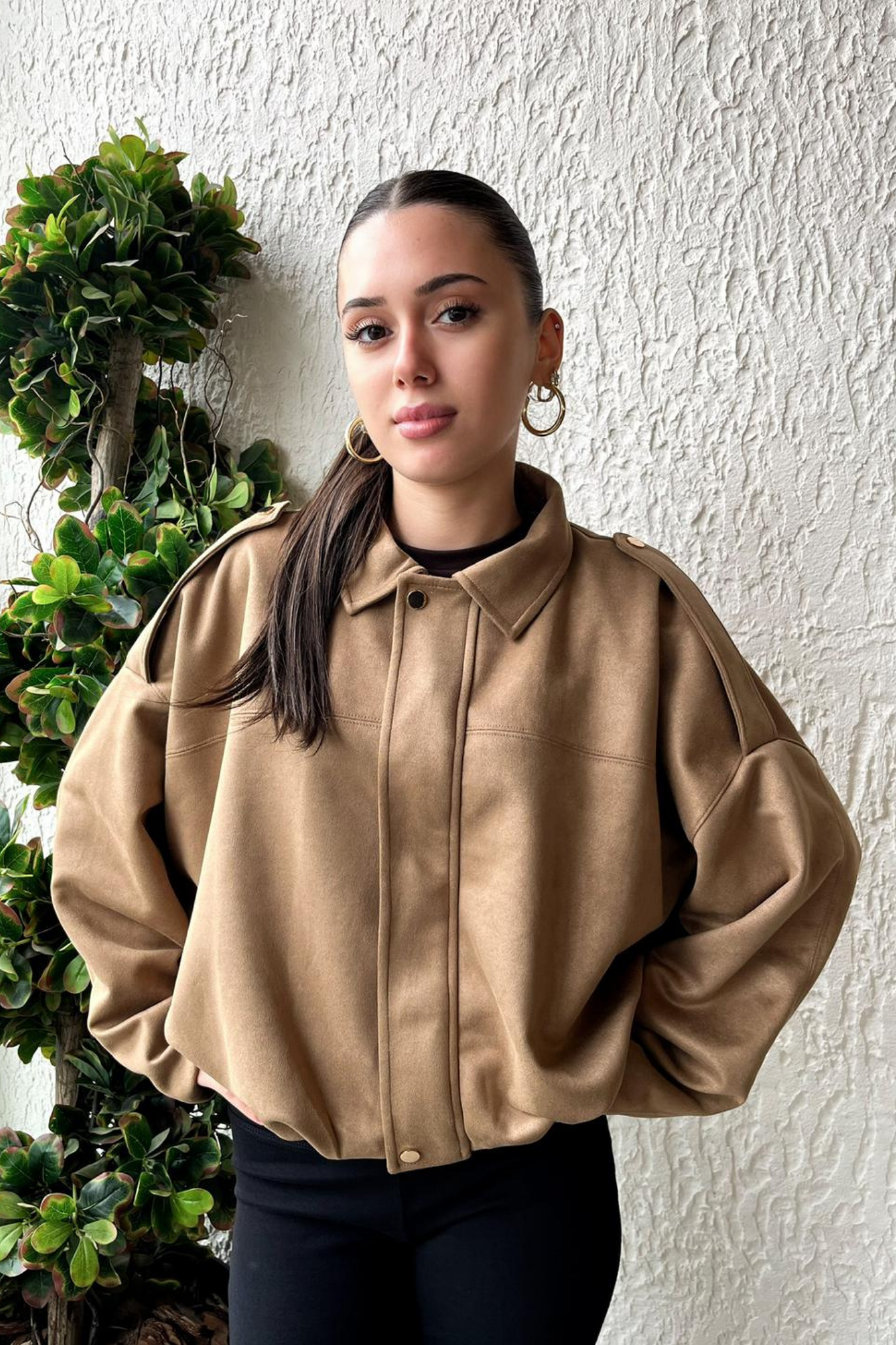 Kadın Sütlü Kahve Oversize Süet Bomber Ceket