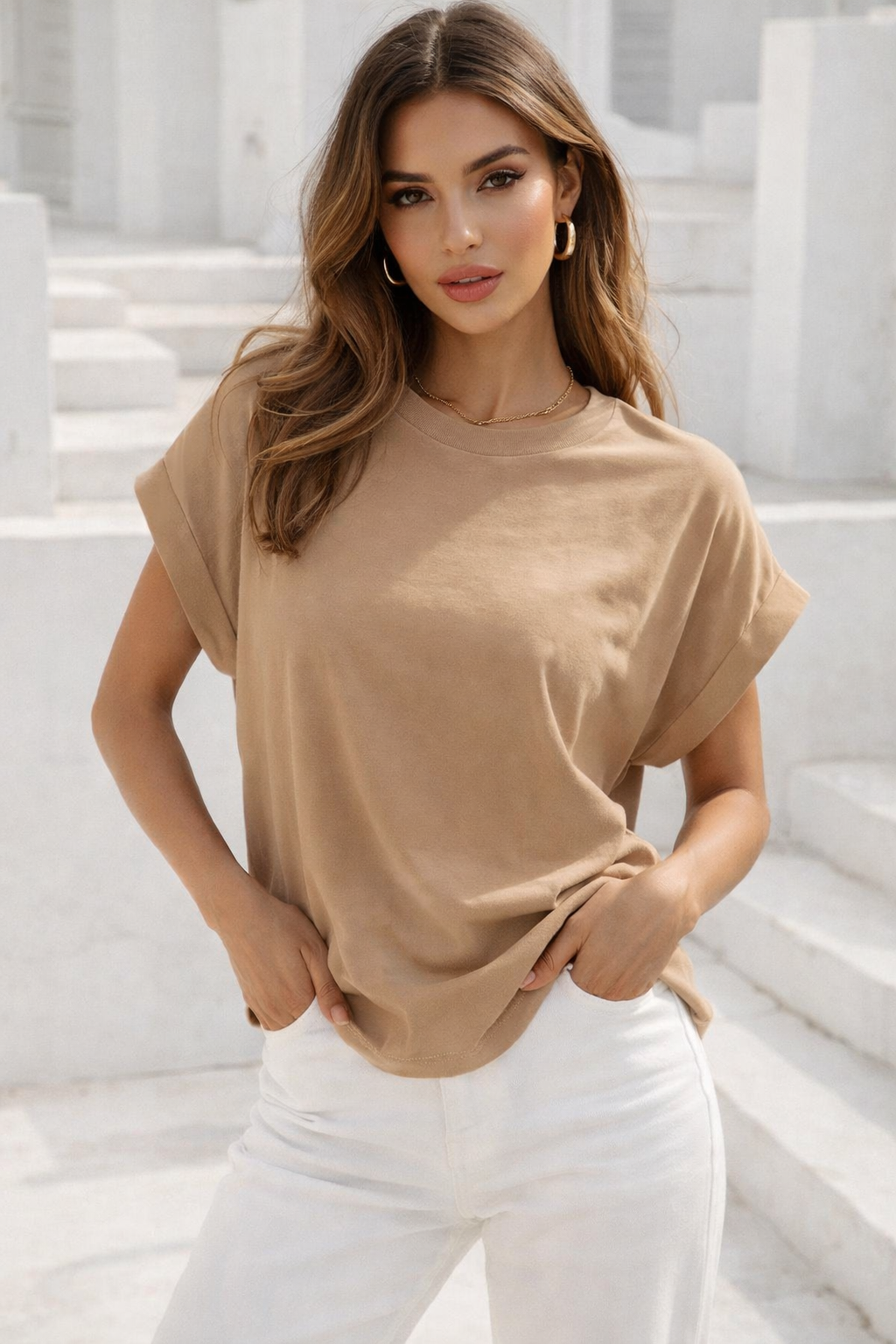Kadın Sütlü Kahve Pamuklu Duble Kol Detaylı Rahat Kalıp T-Shirt