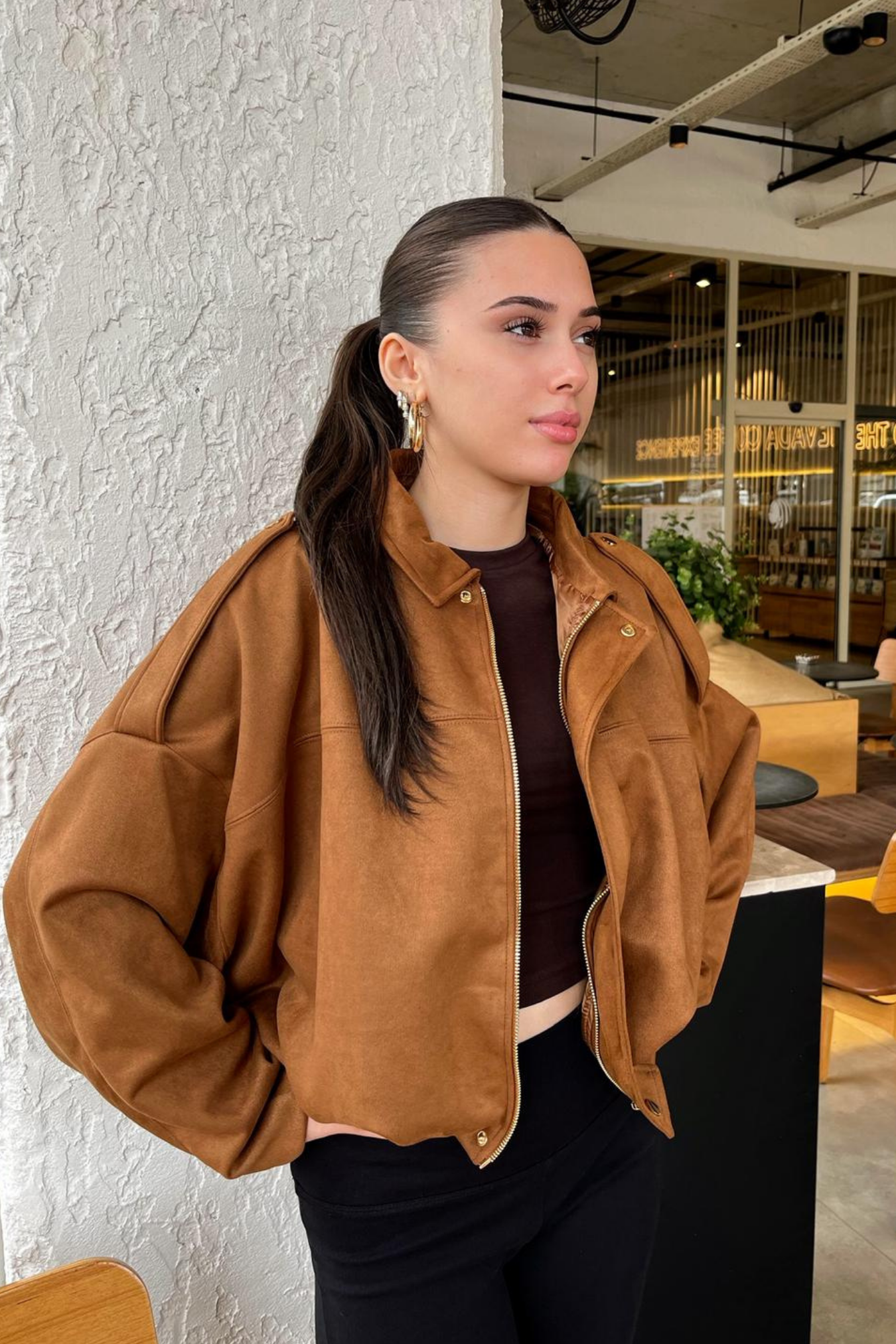 Kadın Taba Oversize Süet Bomber Ceket