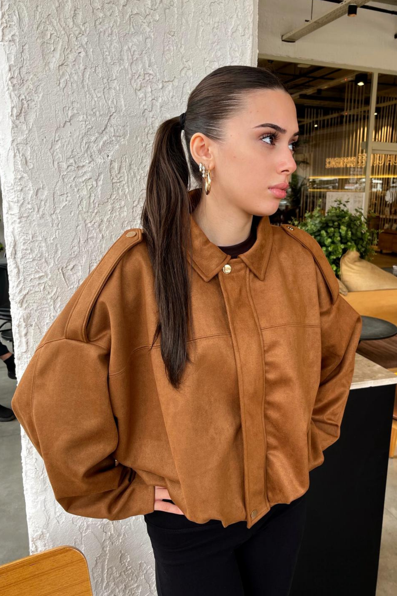 Kadın Taba Oversize Süet Bomber Ceket