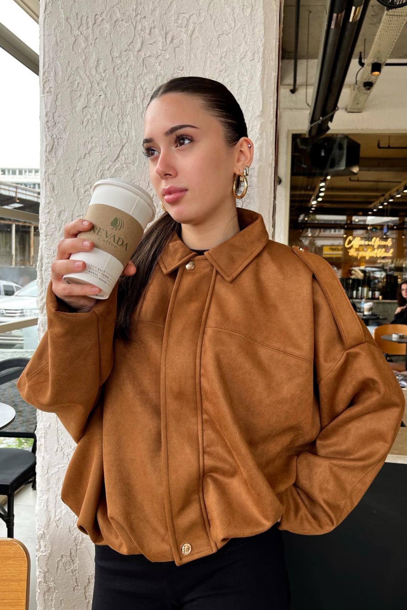 Kadın Taba Oversize Süet Bomber Ceket