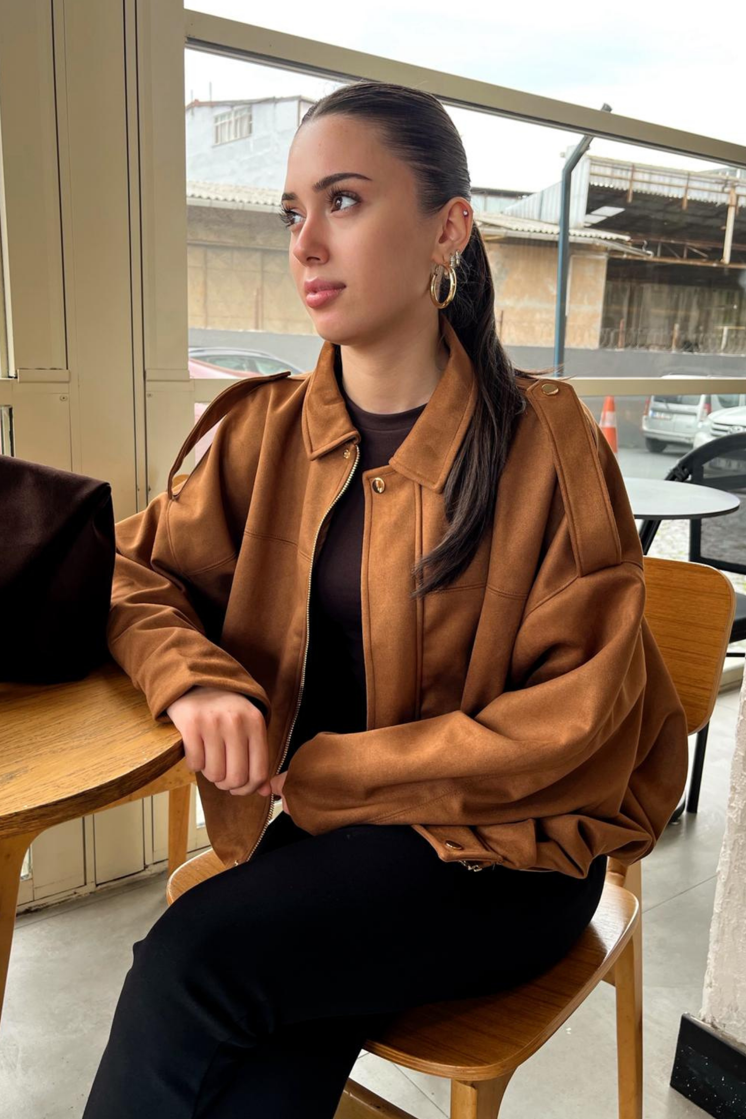Kadın Taba Oversize Süet Bomber Ceket
