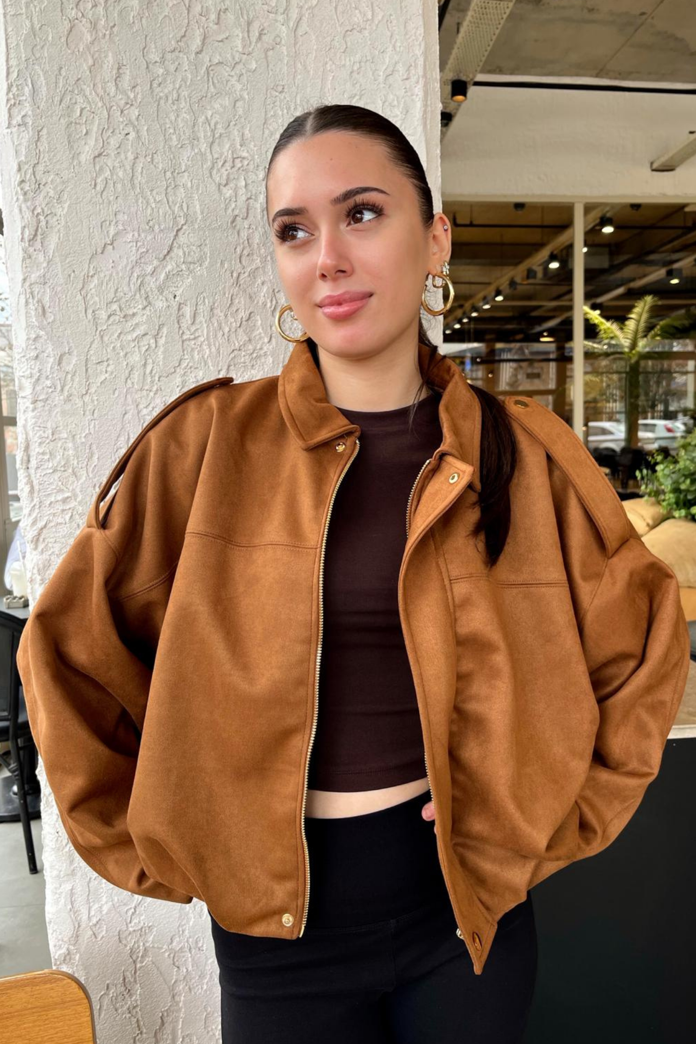 Kadın Taba Oversize Süet Bomber Ceket