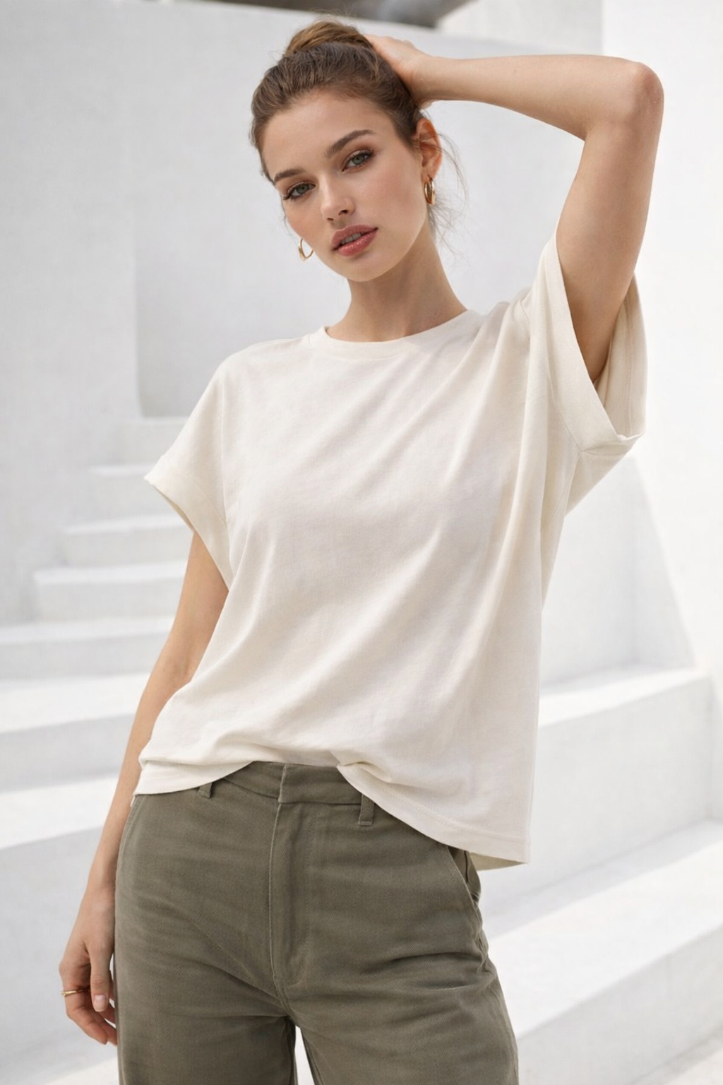 Kadın Taş Pamuklu Duble Kol Detaylı Rahat Kalıp T-Shirt