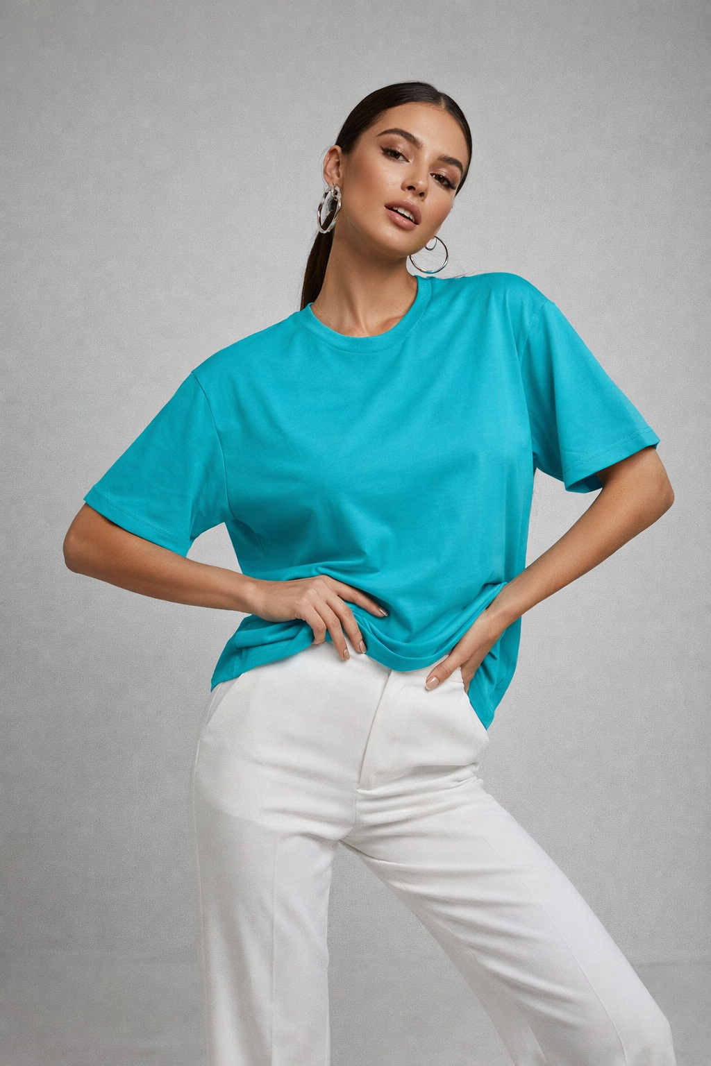 Kadın Turkuaz %100 Pamuk Oversize Basic Tişört – Rahat Kalıp Relaxed Bisiklet Yaka T-Shirt