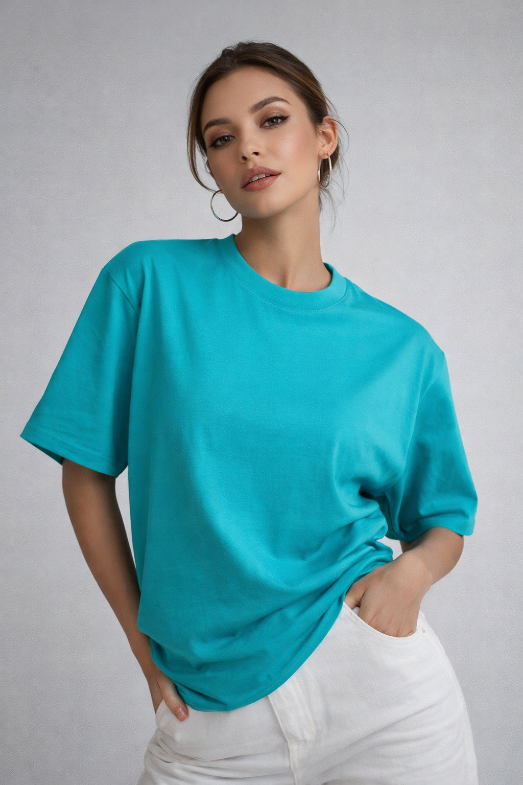 Kadın Turkuaz %100 Pamuk Oversize Basic Tişört – Rahat Kalıp Relaxed Bisiklet Yaka T-Shirt