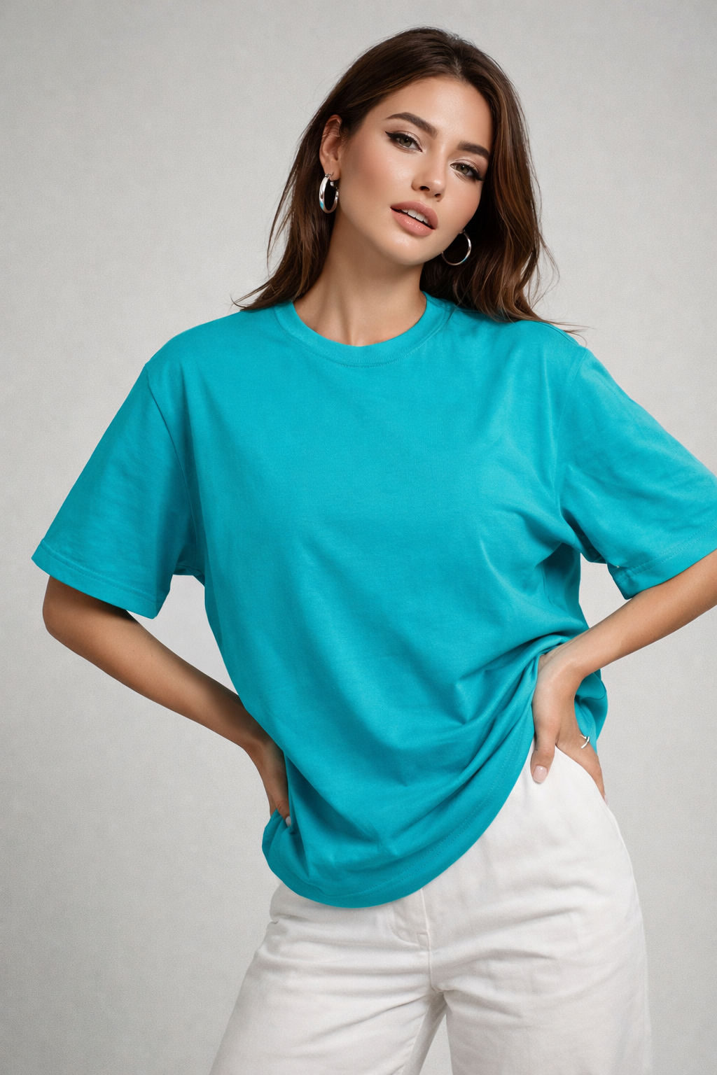 Kadın Turkuaz %100 Pamuk Oversize Basic Tişört – Rahat Kalıp Relaxed Bisiklet Yaka T-Shirt