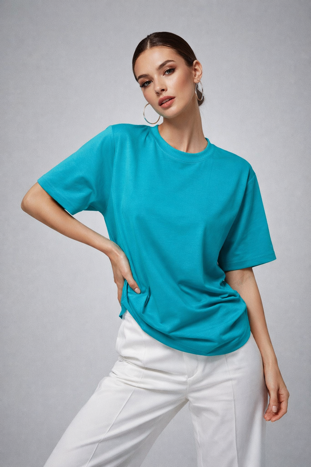 Kadın Turkuaz %100 Pamuk Oversize Basic Tişört – Rahat Kalıp Relaxed Bisiklet Yaka T-Shirt